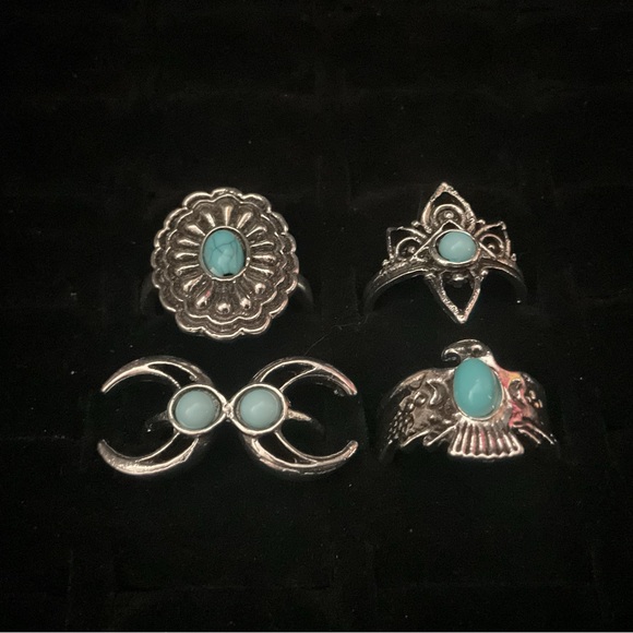 New x4 Silver Tone Ring Synthetic Turquoise Moon Bird Boho Fashion Set Size 5/6 - Picture 2 of 6